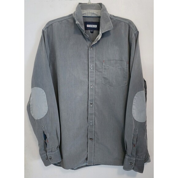 32 Bar Blues Shirt Mens L Gray Button Up Elbow Patches Casual Grunge Long Sleeve - Picture 4 of 14